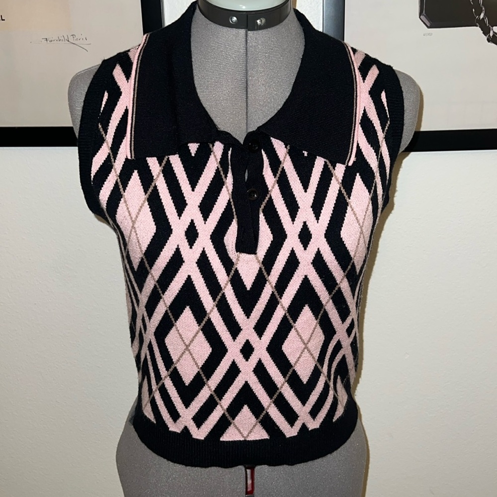 Pink and Black Argyle Sweater Vest